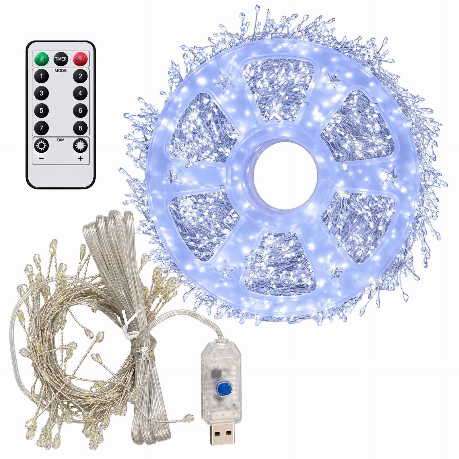 Girlanda Łańcuch Świetlny 100 LED 3m Biała Zimna 8 Funkcji Pilot Druciki USB