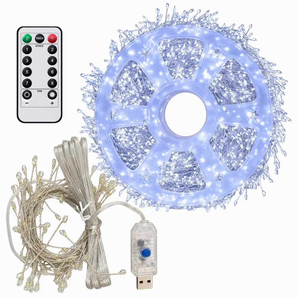 Girlanda Łańcuch Świetlny 100 LED 3m Biała Zimna 8 Funkcji Pilot Druciki USB