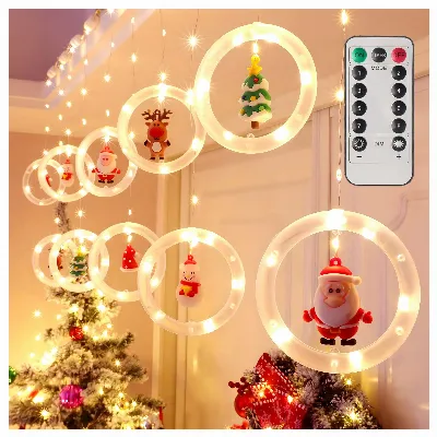 Kurtyna Led Lampki Świąteczne Kółka z Figurkami 10 szt 8 Trybów 110 Led