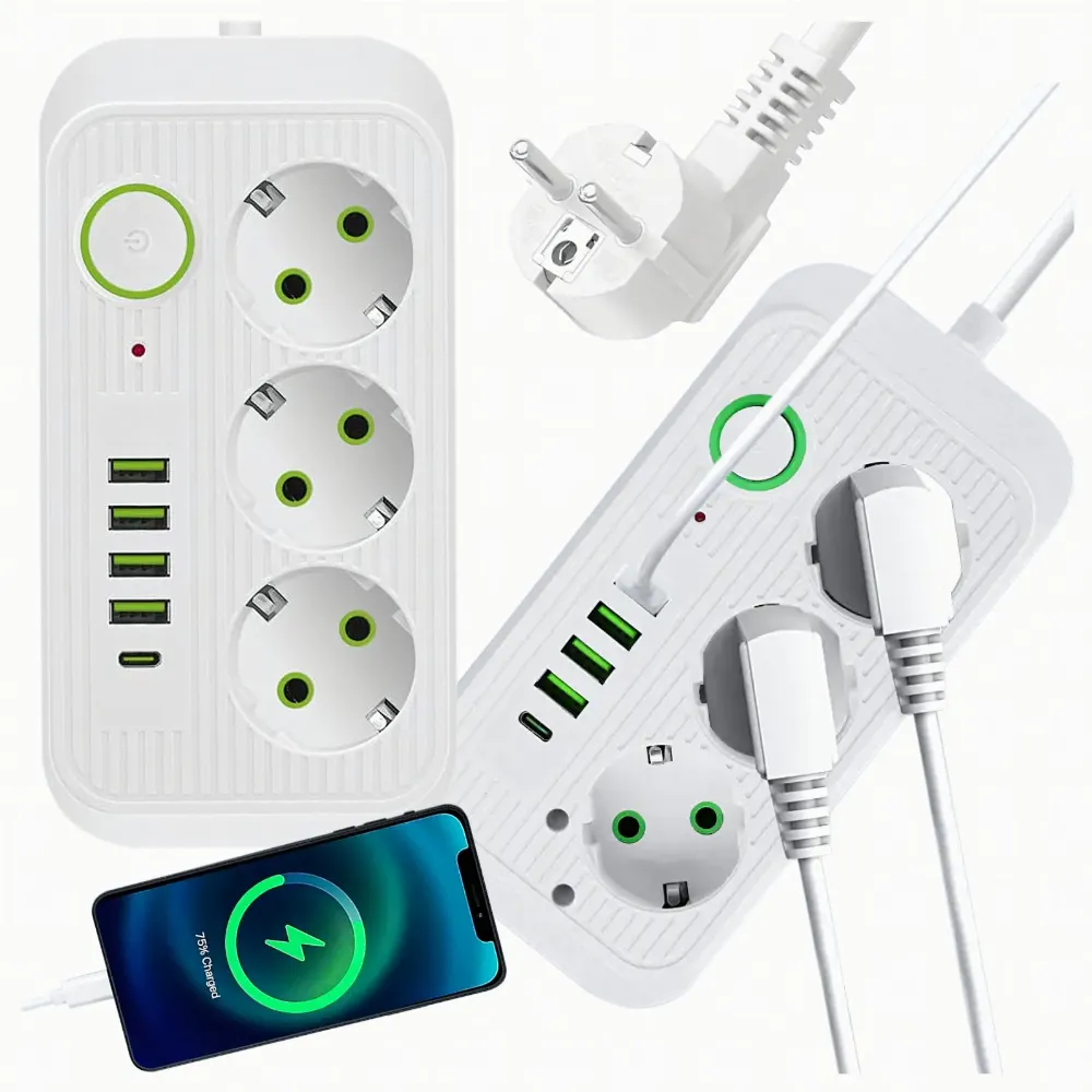 Listwa Zasilająca Przedłużacz Sieć 2m 3 Gniazda 5 x USB Ładowarka Włącznik