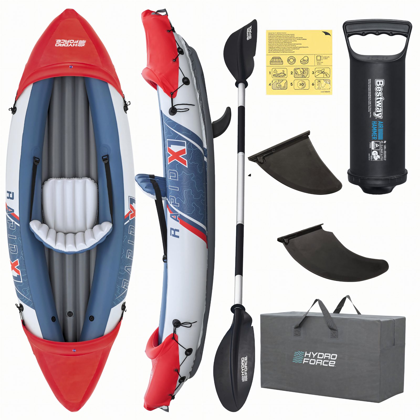 Bestway 65176 Kajak Dmuchany 1 Osobowy Rapid X1 Zestaw Pompka Wiosło Torba