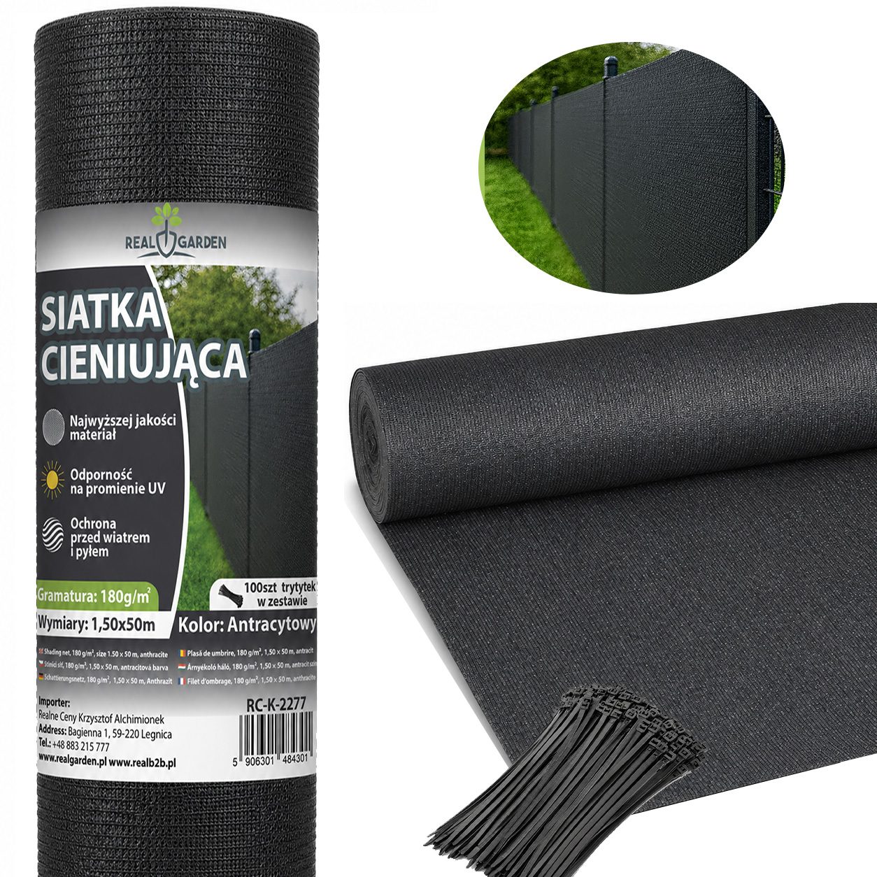 Siatka Cieniująca Maskująca 1,5x50m 95% Osłona na Ogrodzenie 180g + 100 Opasek