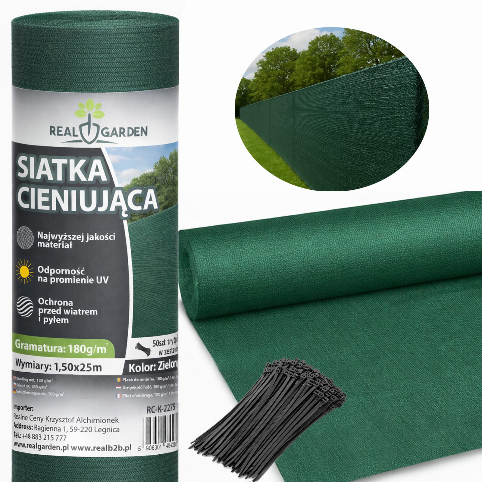 Siatka Cieniująca 1,5x25m Maskująca 95% Osłana na Ogrodzenie Płot 180g  UV + 50 Opasek