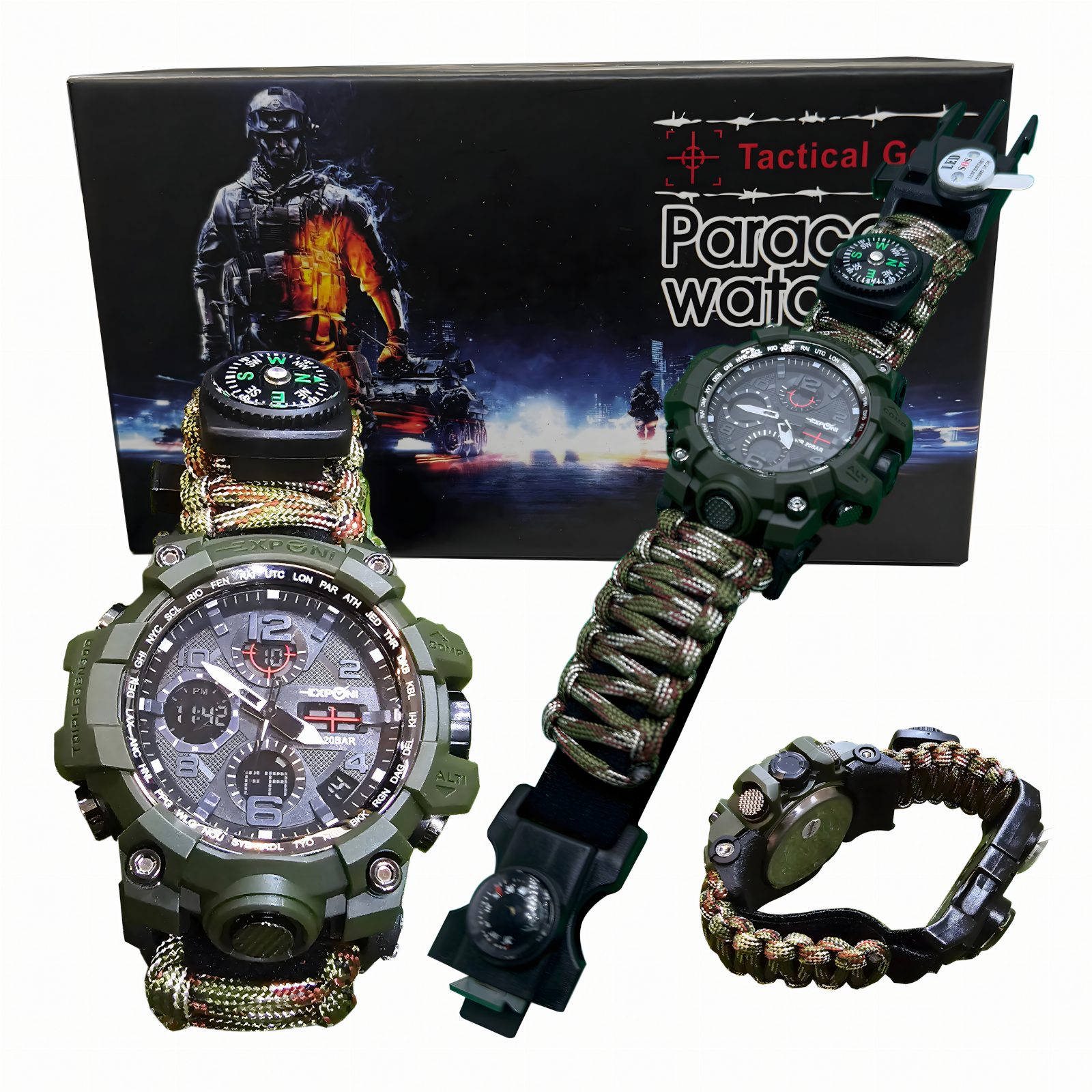 Zegarek Survivalowy Wojskowy 8w1 Nóż Krzesiwo Kompas Paracord Bransoletka
