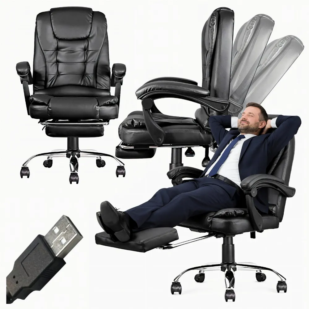 Fotel Biurowy Krzesło Biurowe Obrotowy Ergonomiczny z Masażem i Podnóżkiem