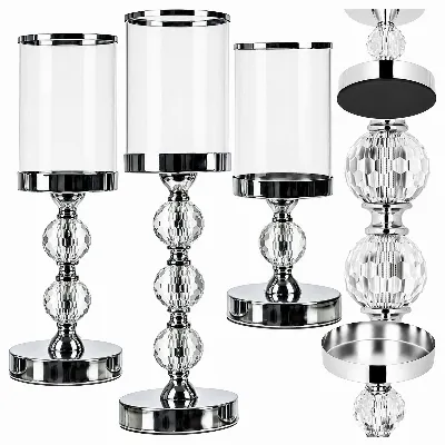 Świecznik Świeczniki Szklane Metalowe Srebrne Lampion Glamour Zestaw 3 szt