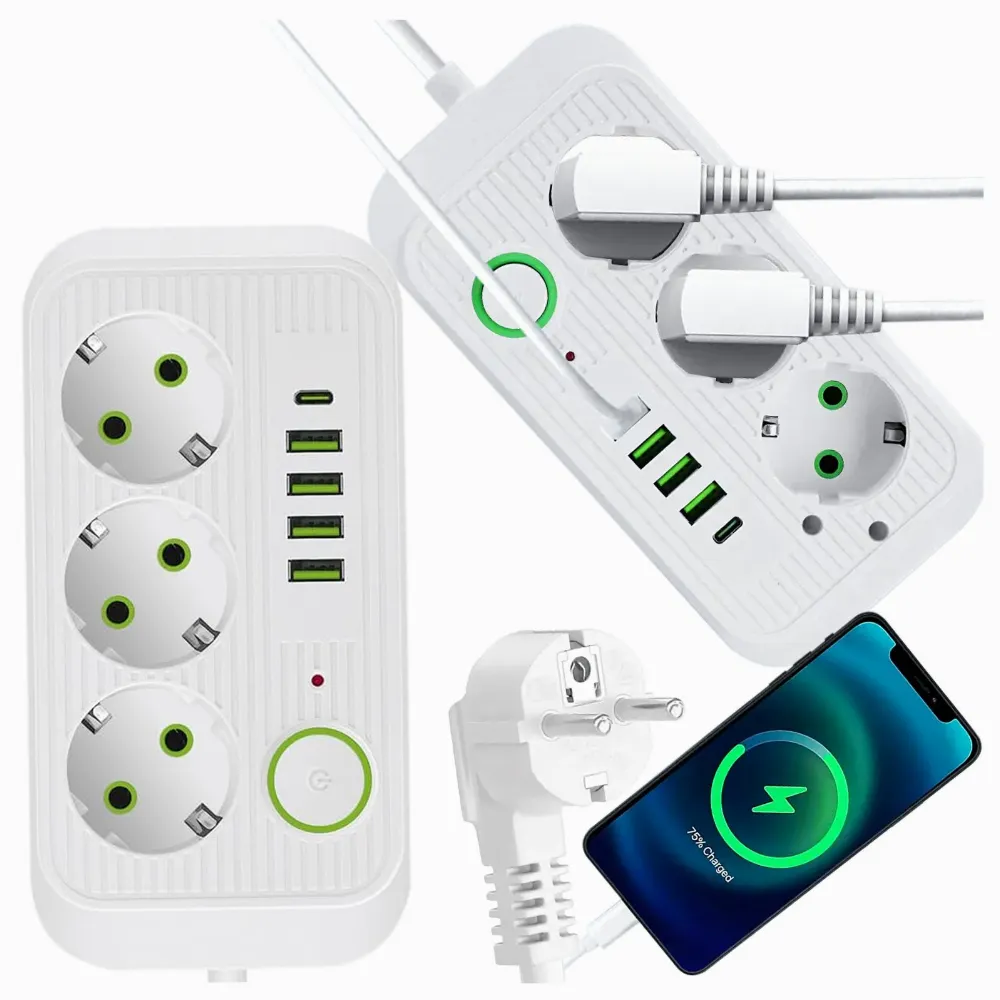 Przedłużacz Listwa Zasilająca 3 Gniazda 5 x USB Ładowarka Włącznik 2m