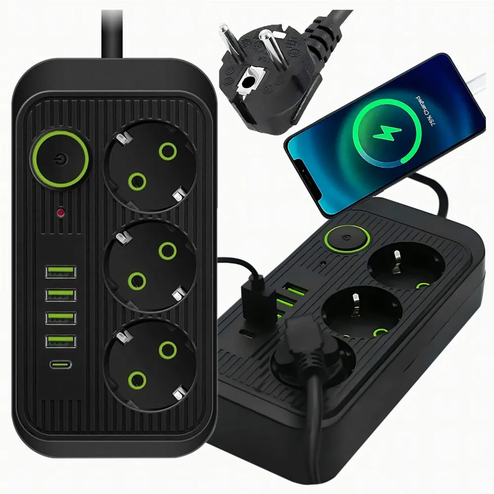 Listwa Zasilająca Przedłużacz Sieć 2m 3 Gniazda 5 x USB Ładowarka Włącznik
