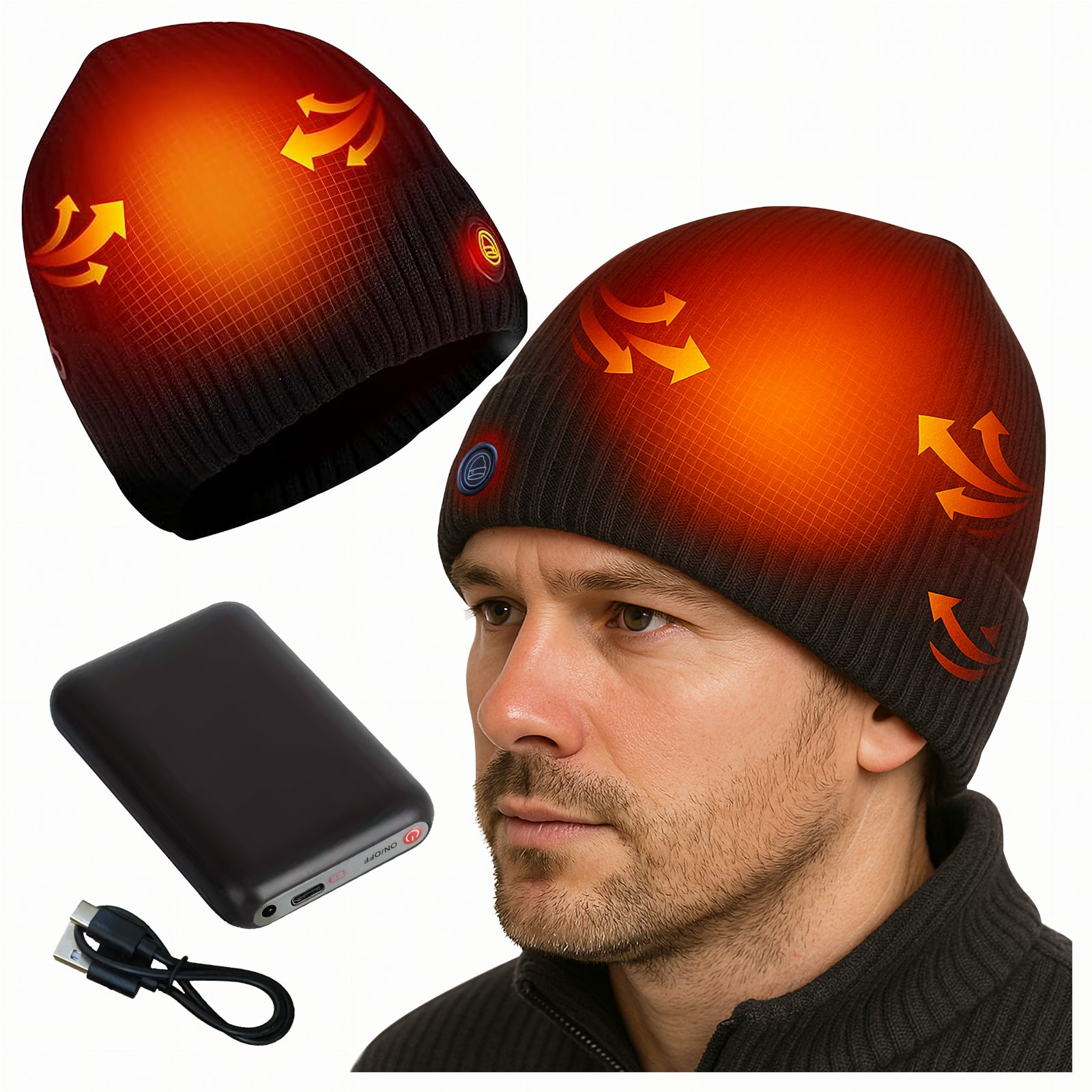 Czapka Grzewcza Beanie Ogrzewana Zimowa Ciepła Elektryczna + Powerbank