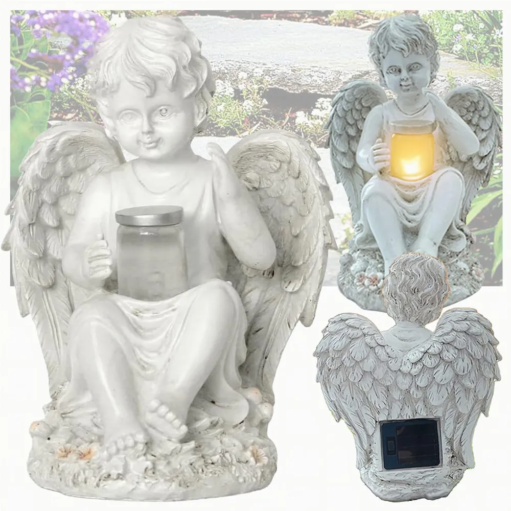 Figurka Świecznik Dekoracja Posążek Aniołek Solarny Led Ogrodu na Grób 18cm