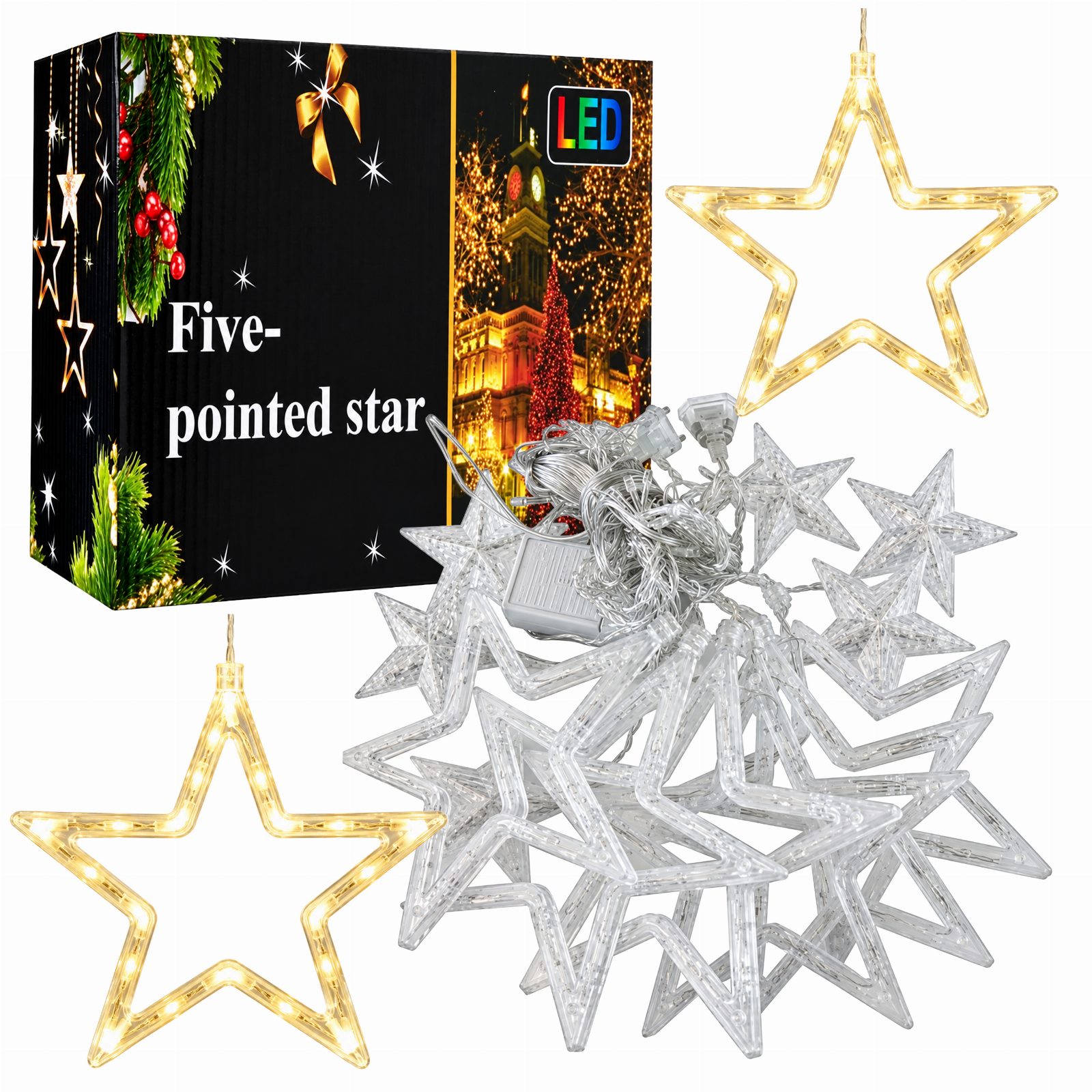 Girlanda Świetlna 2m Kurtyna z Gwiazdami 120 Led Lampki Choinkowe Dekoracyjne
