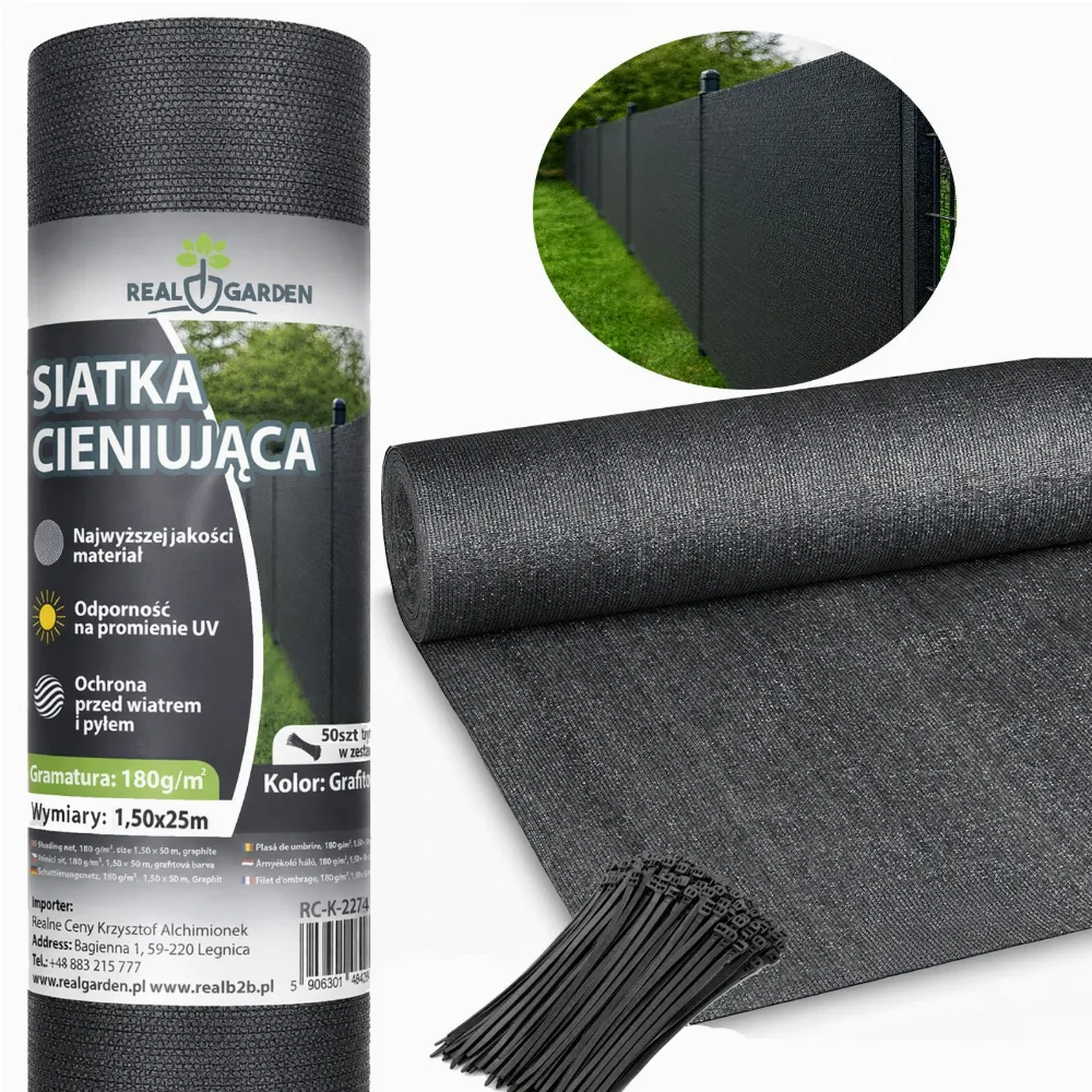 Siatka Cieniująca Maskująca 1,5x25m 180g 95% Osłona Mata na Ogrodzenie UV + 50 Opasek
