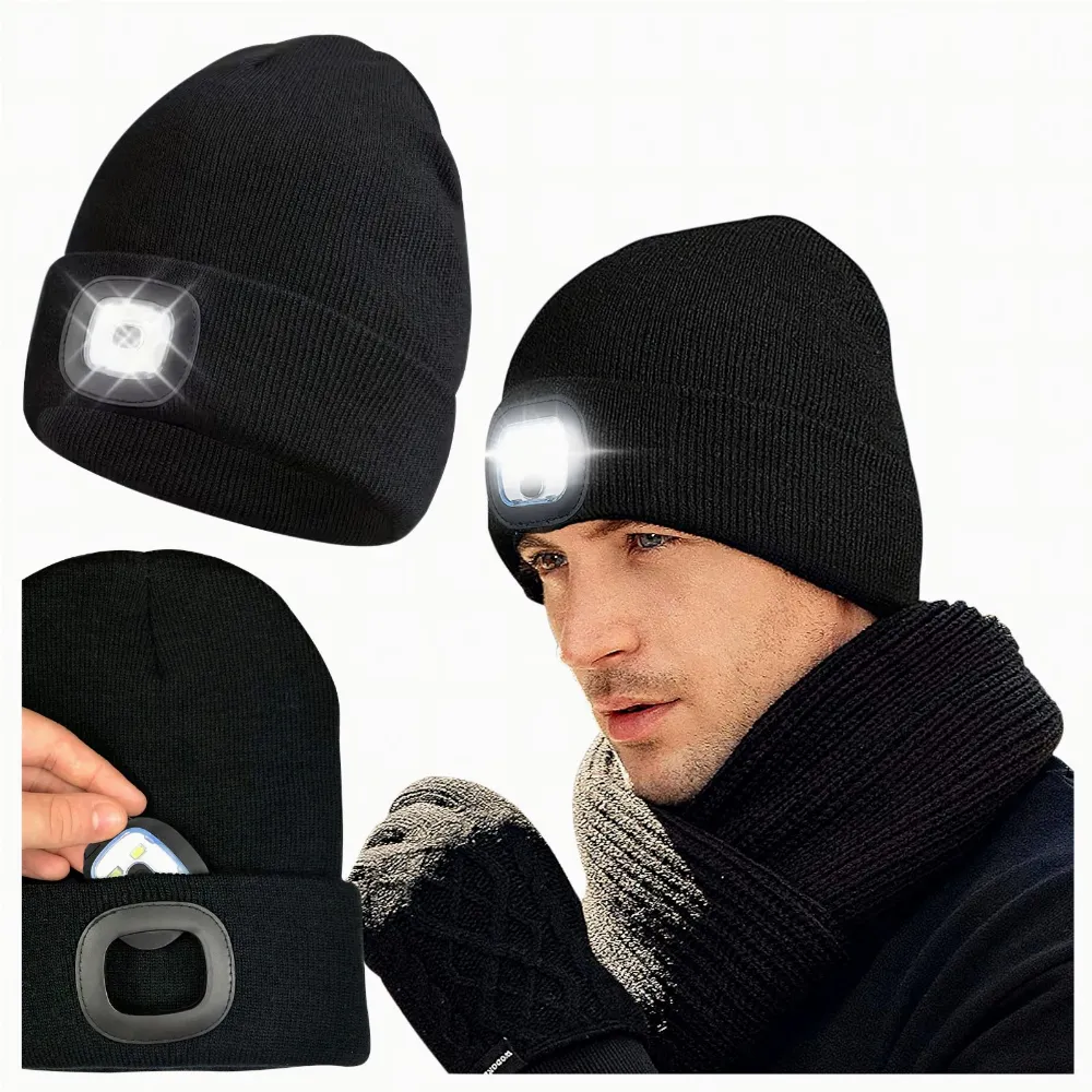 Czapka Zimowa z Latarką Led Lampką Czołówka Ciepła do Biegania Czarna USB