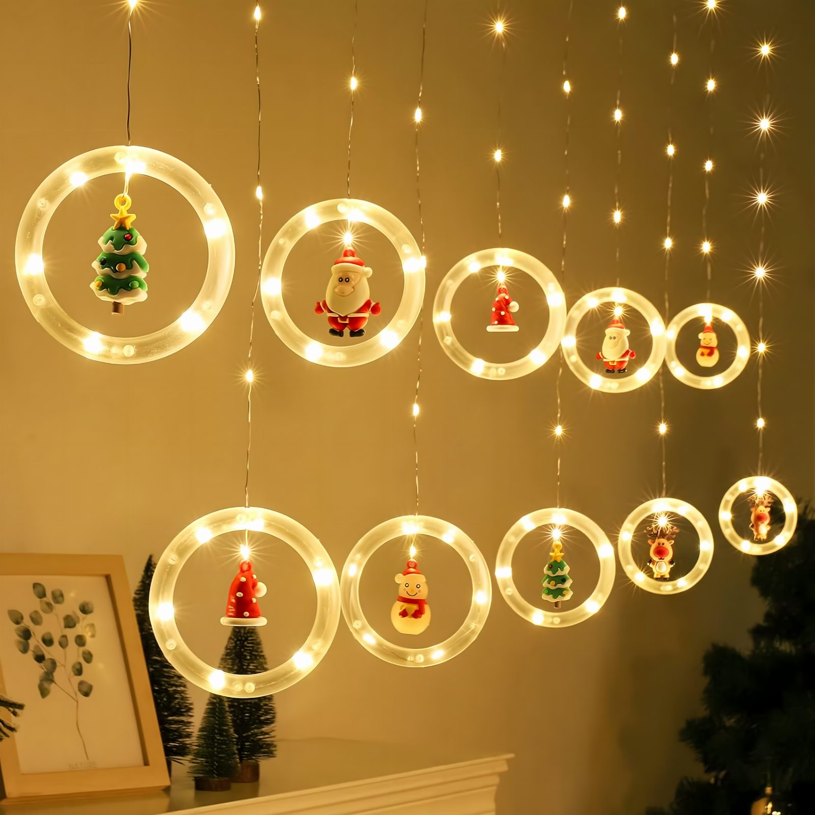 Kurtyna Led Lampki Świąteczne Kółka z Figurkami 10 szt 8 Trybów 110 Led
