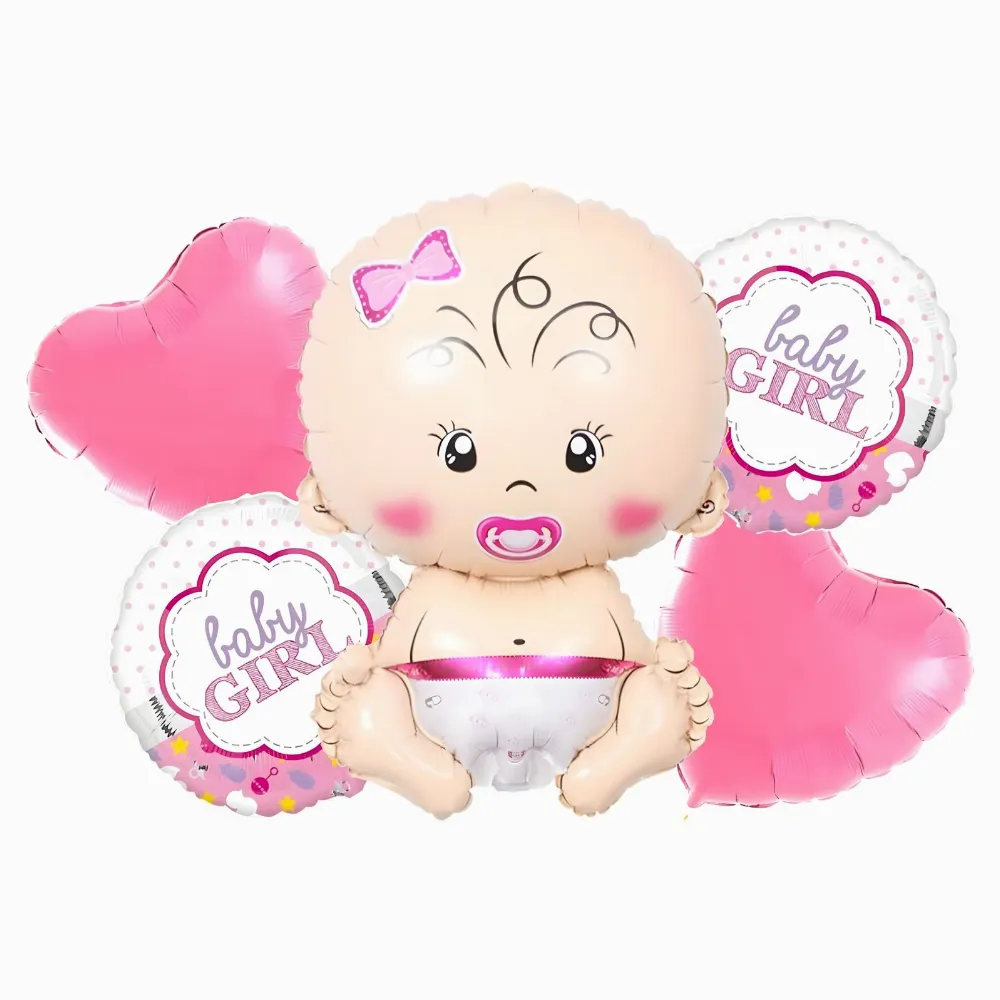 Balony na Baby Shower Bobas Dziewczynka Baby Girl Zestaw 5 szt Gwiazdki 