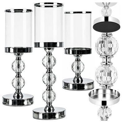 Świecznik Świeczniki Szklane Metalowe Srebrne Lampion Glamour Zestaw 3 szt