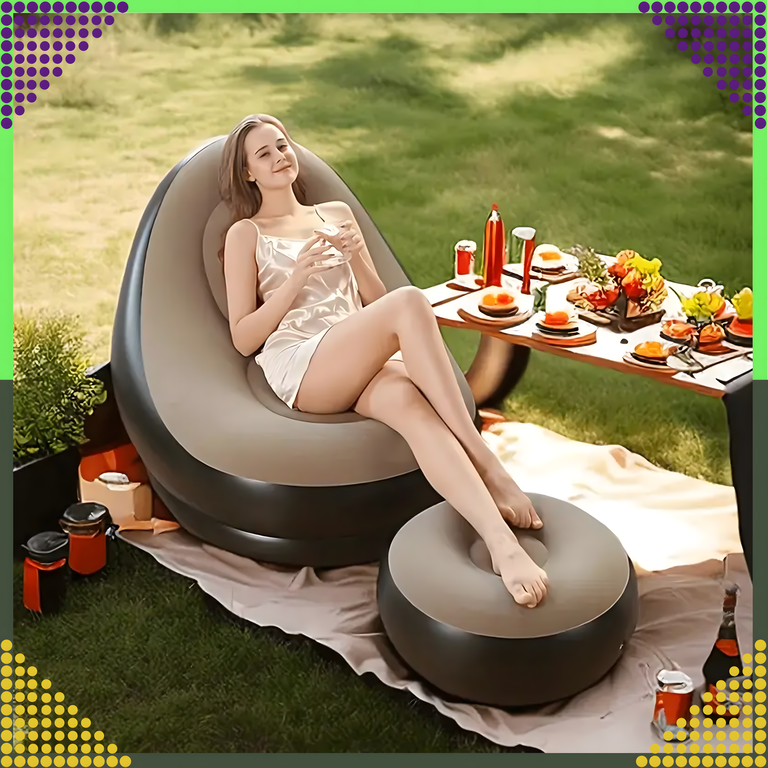 Fotel Leżak Ogrodowy Plażowy Dmuchany na Plażę Kamping z Podnóżkiem Pufą (16)