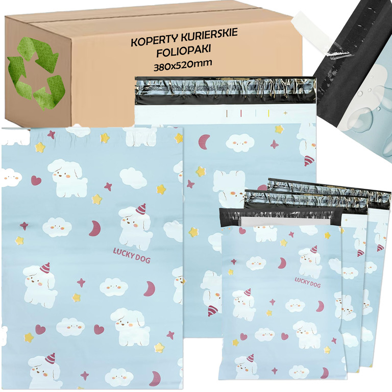 FOLIOPAKI KURIERSKIE MOCNE KOPERTY FOLIOWE 380X520 LUCKY DOG 50szt (1)