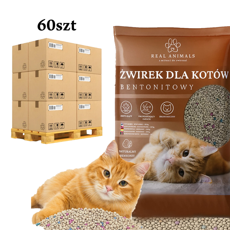 60x Żwirek Bentonitowy dla Kota Naturalny 20 kg Zbrylający Bezpyłowy Ultrachłonny  (1)