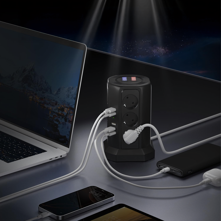 Listwa Zasilająca Stojąca Ochronna Odgromowa 12 Gniazd + 5 Portów Usb Reset (12)