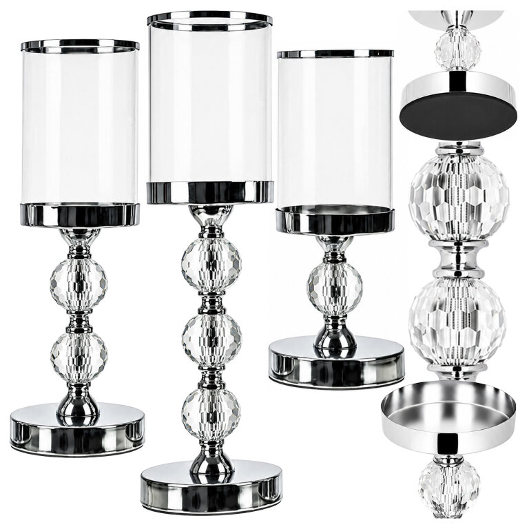 Świecznik Świeczniki Szklane Metalowe Srebrne Lampion Glamour Zestaw 3 szt (1)