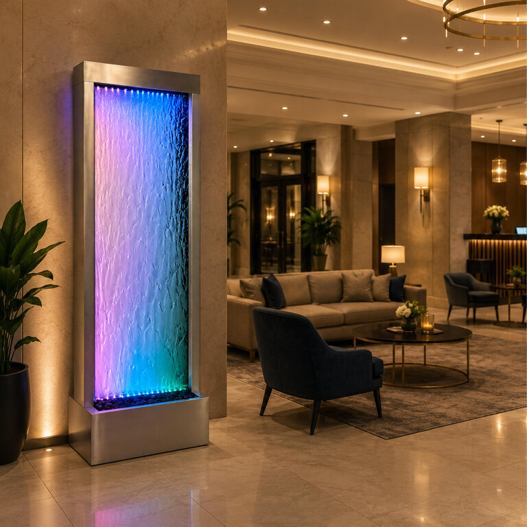 Fontanna Ściana Kaskada Wodna Ogrodowa Podświetlana LED Szklana 150x45cm  (9)