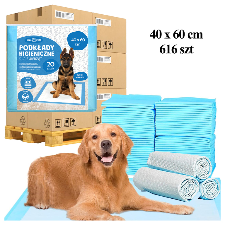 Paleta x 616 opakowań Podkłady Maty Higieniczne dla Psa do Nauki Sikania Xl 40x60cm Grube 20 szt NIEBIESKIE (1)