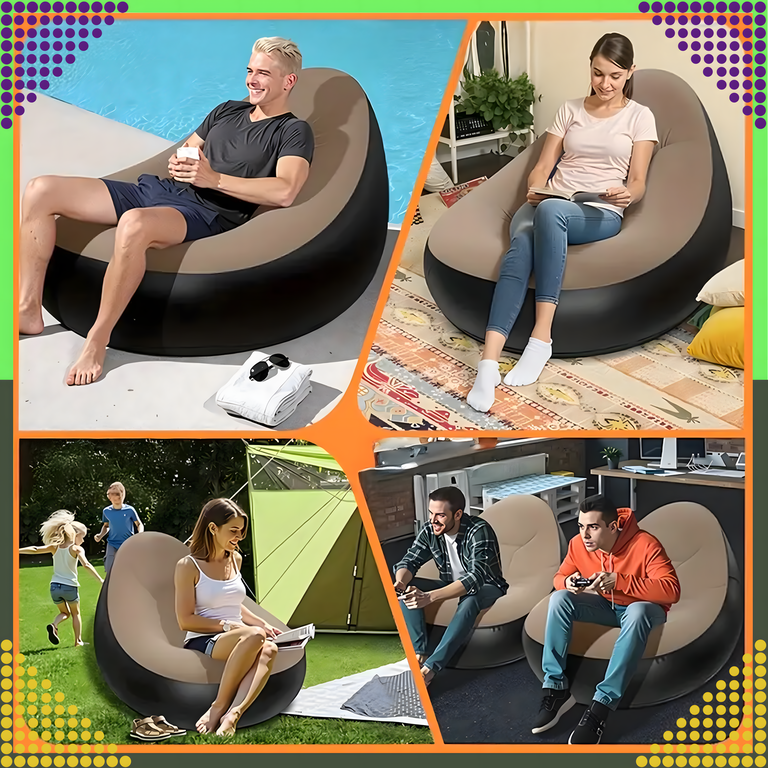 Fotel Leżak Ogrodowy Plażowy Dmuchany na Plażę Kamping z Podnóżkiem Pufą (8)