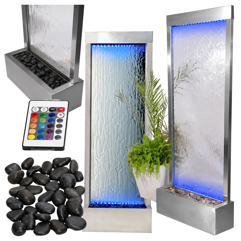 Fontanna Ściana Kaskada Wodna Ogrodowa Podświetlana LED Szklana 150x45cm  (1)