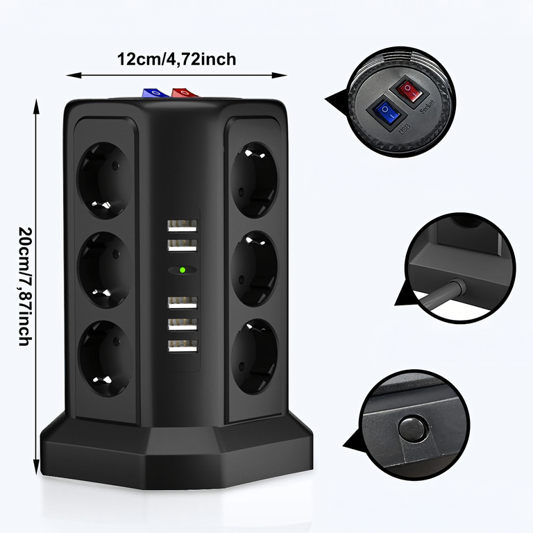 Listwa Zasilająca Stojąca Ochronna Odgromowa 12 Gniazd + 5 Portów Usb Reset (6)