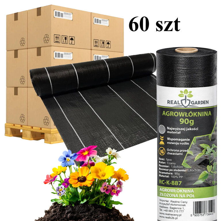 60x Agrowłóknina 90G 1,6x50m Czarna UV Agrotkanina Mata Antychwastowa  (1)