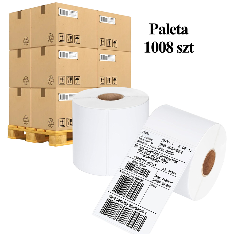 Paleta 1008 szt Rolek Etykiety Termiczne Samoprzylepne Białe 100x150 mm Perforacja Rolka (1)