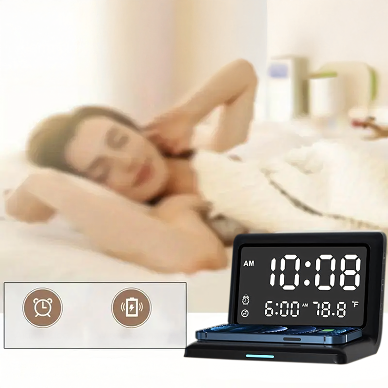 3w1 Zegar Budzik Cyfrowy Bezprzewodowa Ładowarka 15W Temperatura Lustro (8)