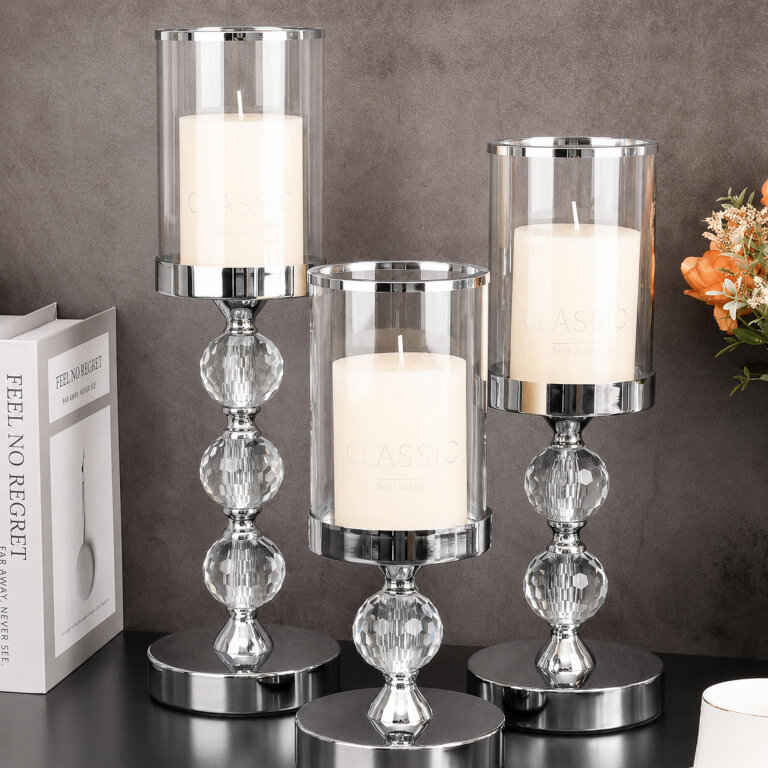 Świecznik Świeczniki Szklane Metalowe Srebrne Lampion Glamour Zestaw 3 szt (9)