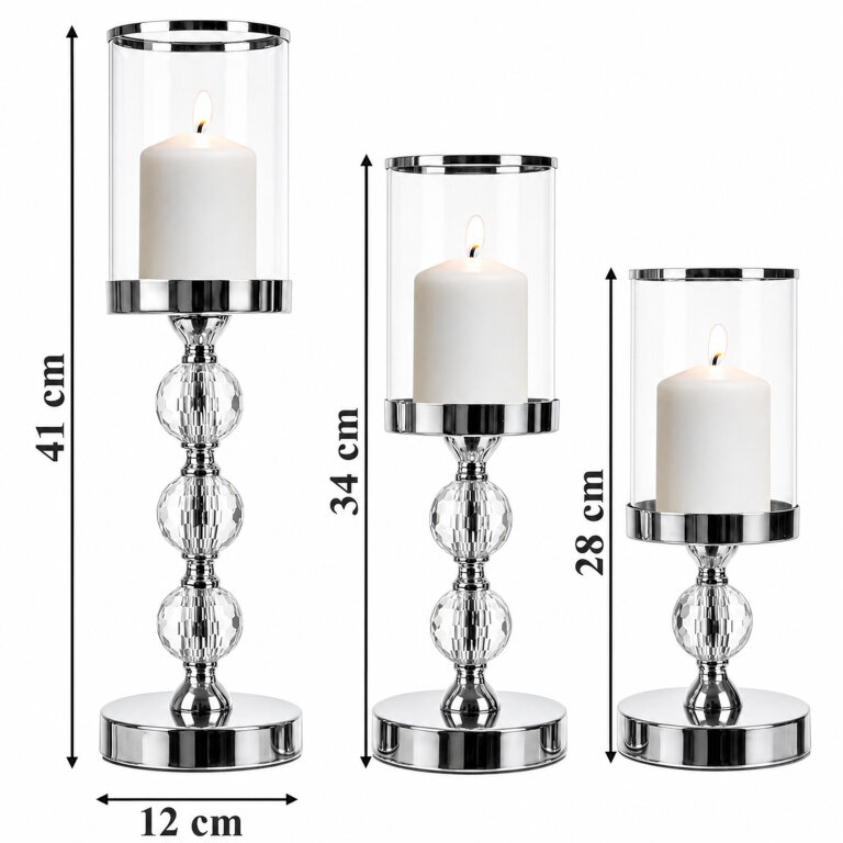 Świecznik Świeczniki Szklane Metalowe Srebrne Lampion Glamour Zestaw 3 szt (7)