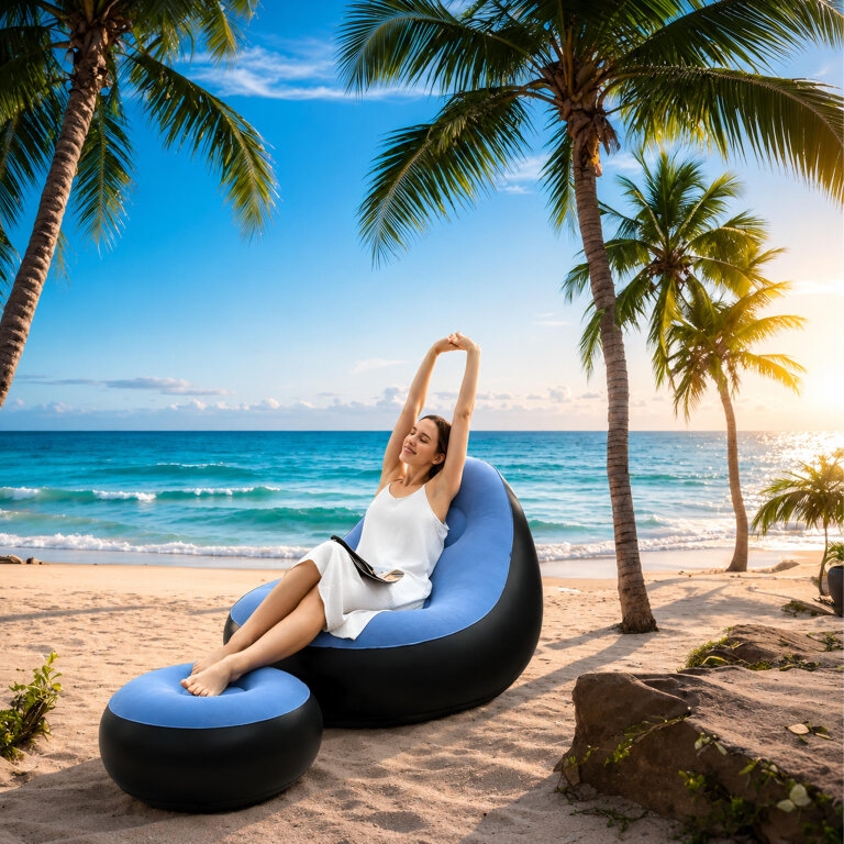 240x Fotel Leżak Ogrodowy Plażowy Dmuchany na Plażę Kamping z Podnóżkiem Pufą (15)