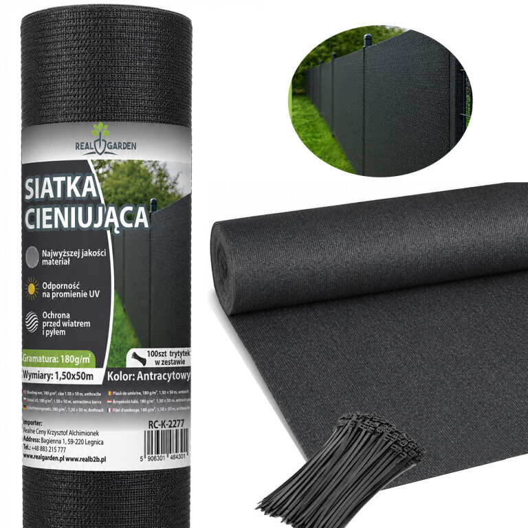 Siatka Cieniująca Maskująca 1,5x50m 95% Osłona na Ogrodzenie 180g + 100 Opasek (1)