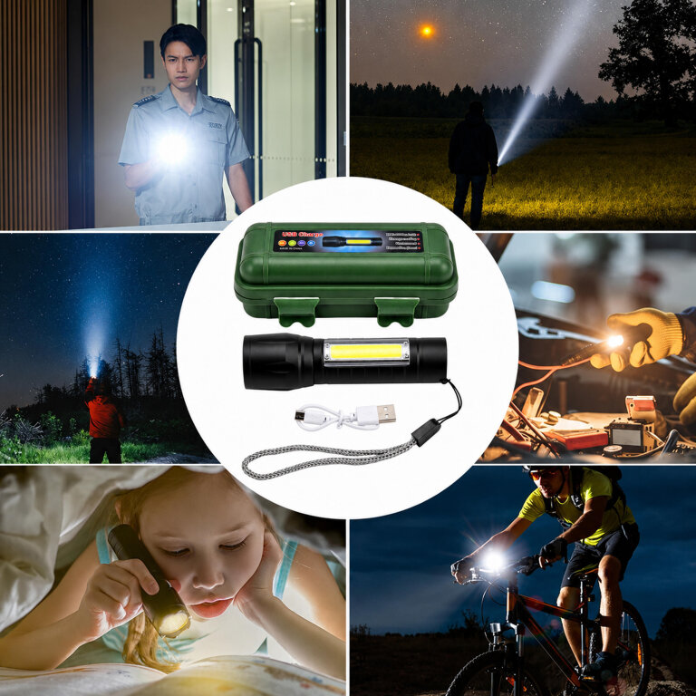 Latarka Taktyczna Mocna LED COB USB Wojskowa Akumulatorowa Etui Lampka Zoom (10)