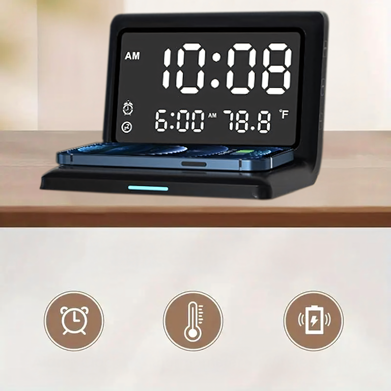 3w1 Zegar Budzik Cyfrowy Bezprzewodowa Ładowarka 15W Temperatura Lustro (7)